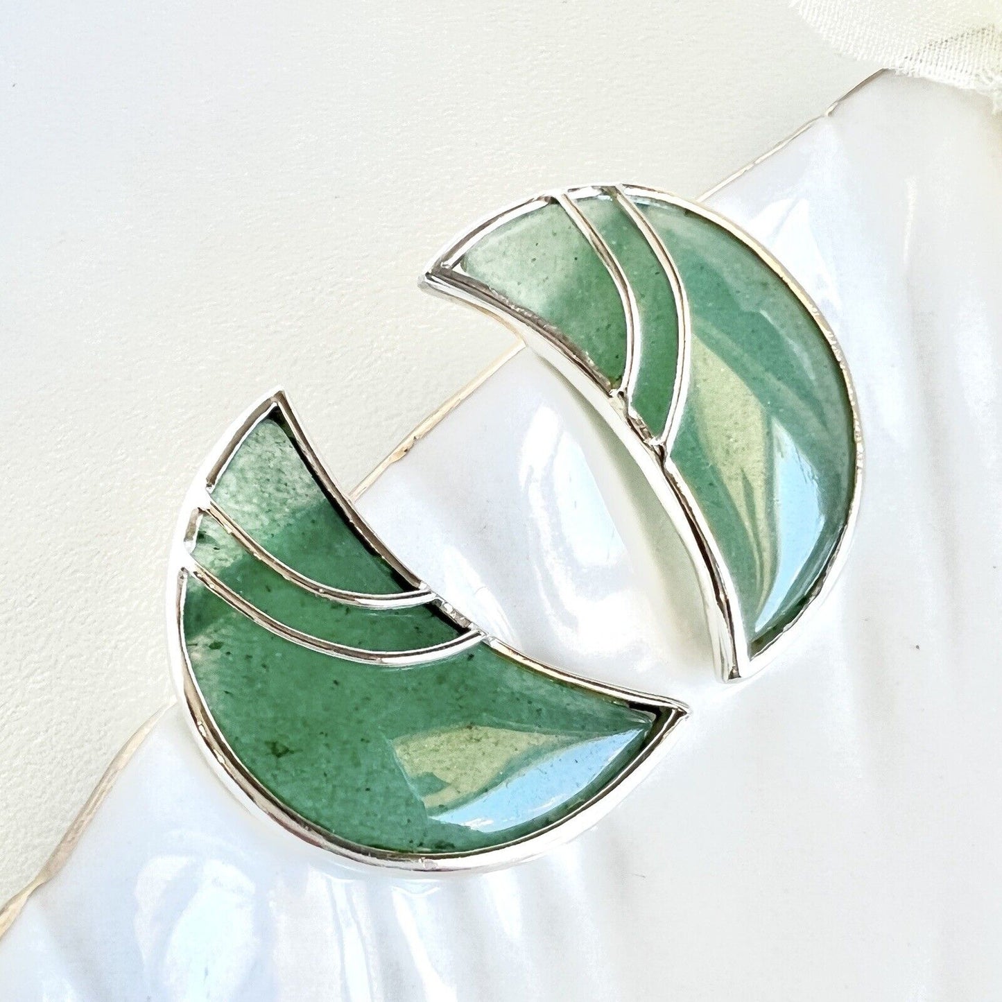 Sterling Silver Genuine Green Aventurine Moon Stud Drop Earrings, New