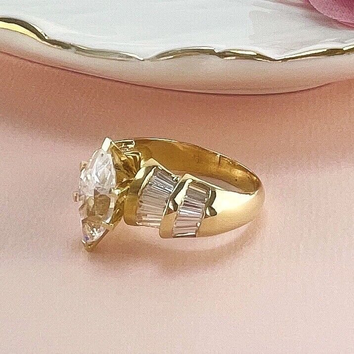 Solid 14k Yellow Gold Cubic Zirconia Cocktail Ring, Vintage Stock, Size 6.5