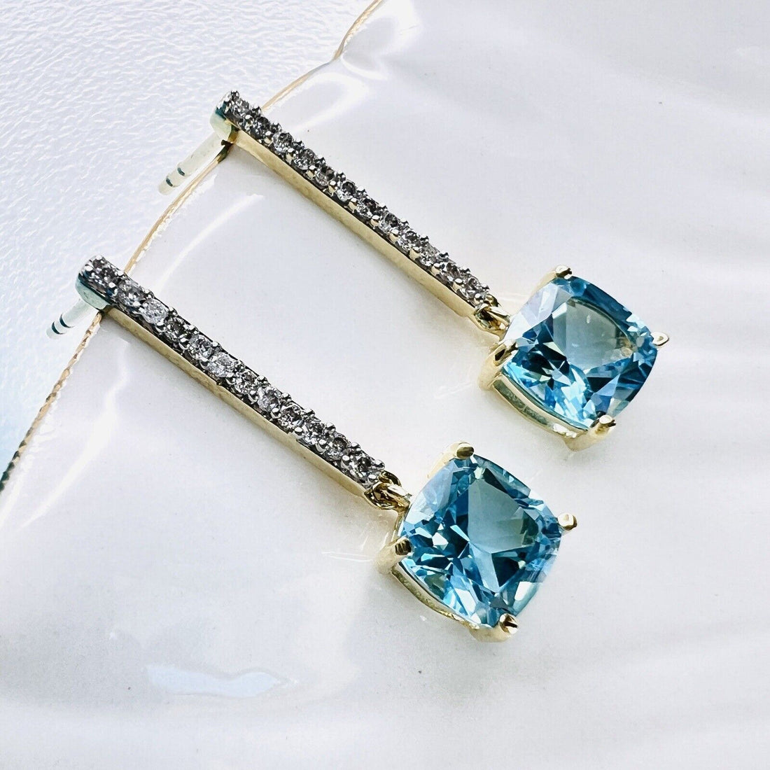 Solid 10k Yellow Gold Genuine Swiss Blue Topaz & Diamond Dangle Earrings, New