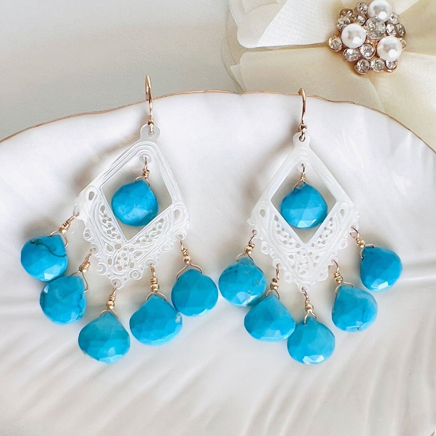 Solid 14k Yellow Gold Natural Turquoise & Mother of Pearl Chandelier Earrings