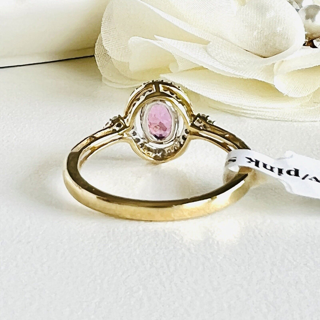 Solid 10k Yellow Gold Genuine Pink Sapphire & Diamonds Halo Ring, New, Size 7