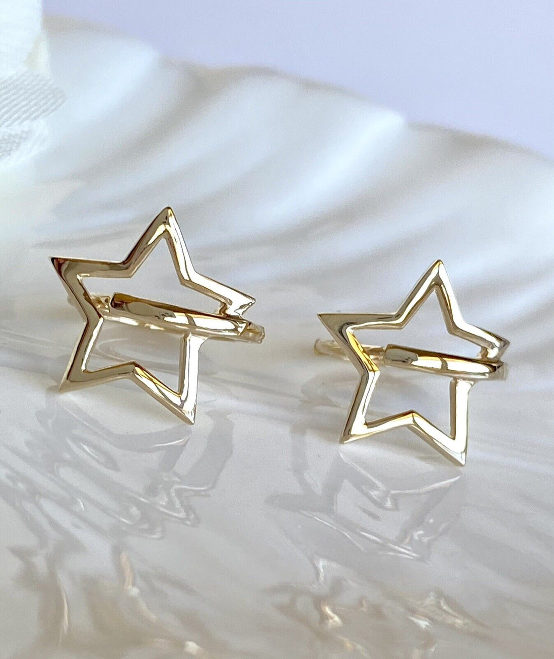 Solid 14k Yellow Gold 5 Point Star Hoop Earrings, New