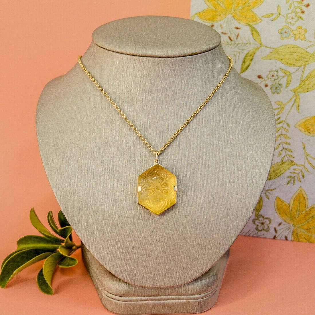 14k Yellow Gold Unique Hexagon Yellow Citrine Flower Carved Statement Pendant, N