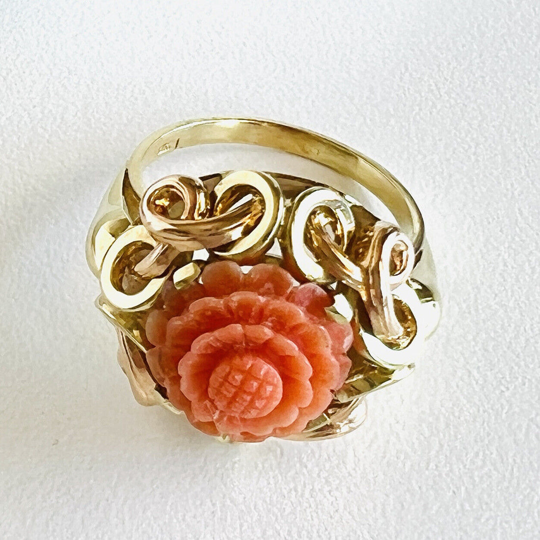 Antique Untreated Red/Orange Coral Rose Carving  Solid 14k Gold Ring, Size 8