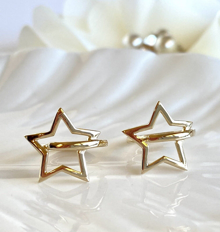 Solid 14k Yellow Gold 5 Point Star Hoop Earrings, New