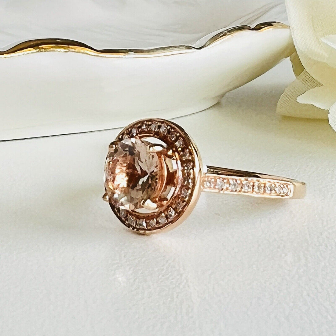 Genuine Morganite & Diamond Halo Solid 14k Rose Gold Ring, New Size 7