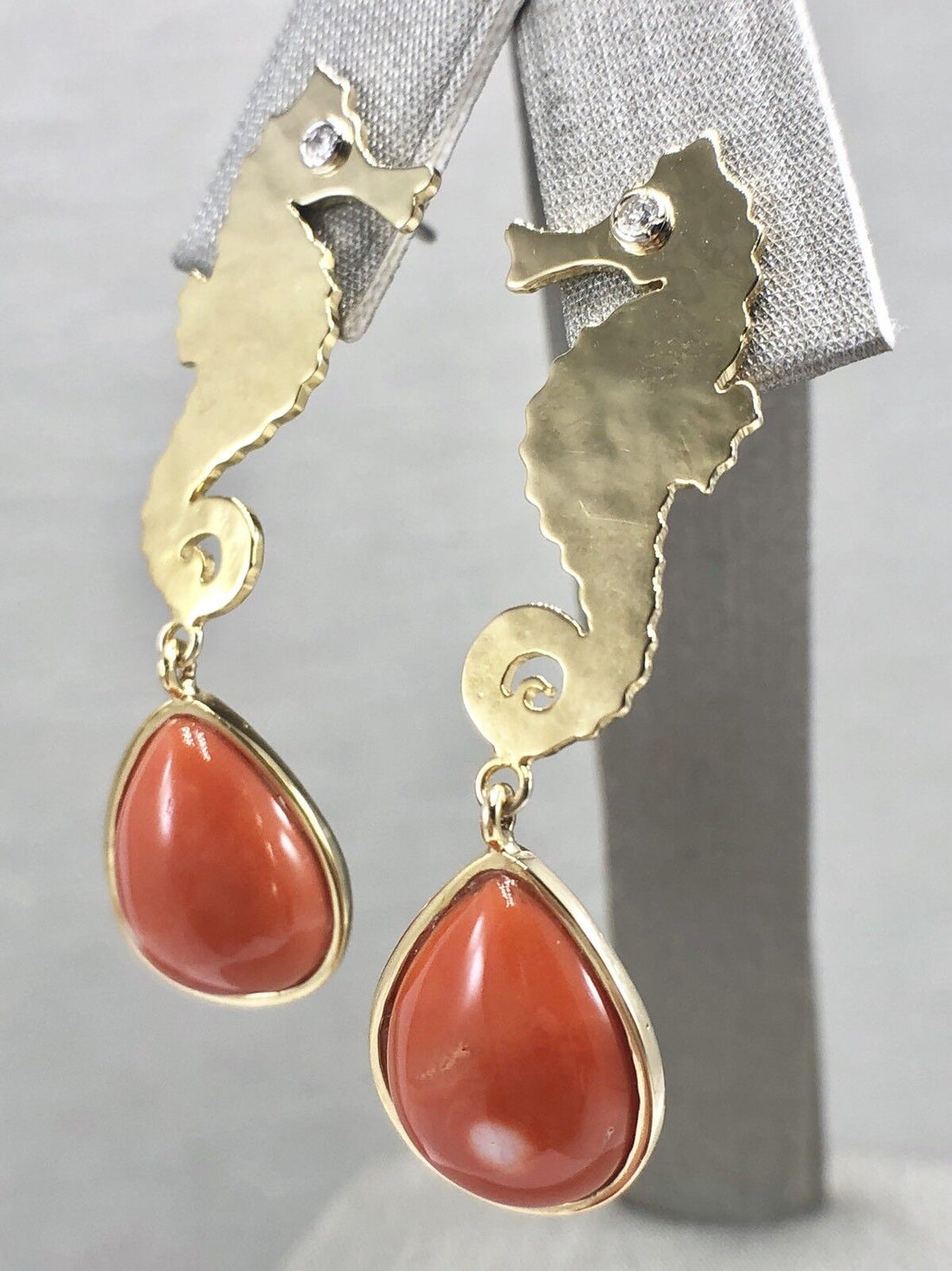 Natural Coral (8.68ct) & Diamond 14K Gold Seahorse Dangle Earrings, New