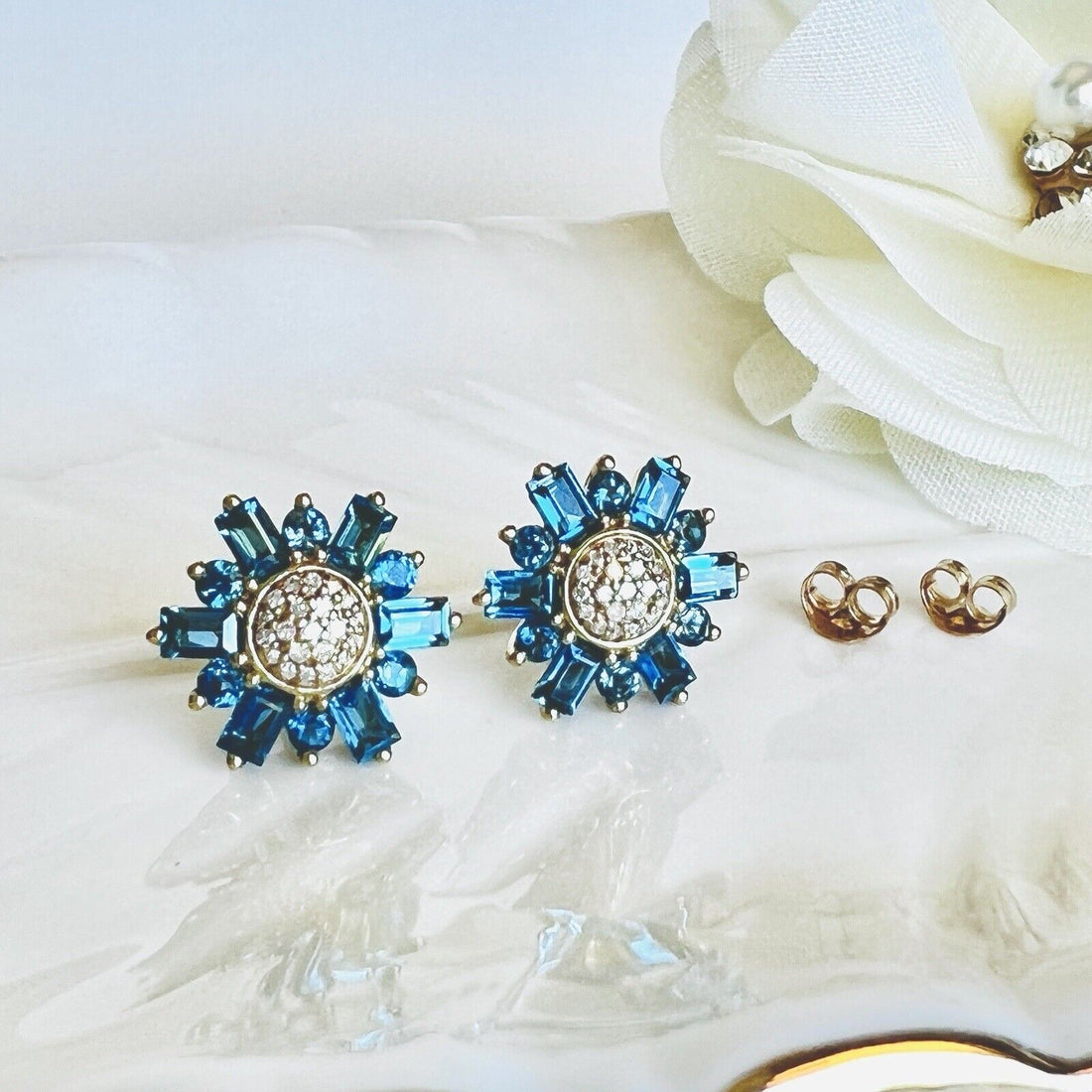 London Blue Topaz & Diamond Sunburst Solid 10k Yellow Gold Stud Earrings, New