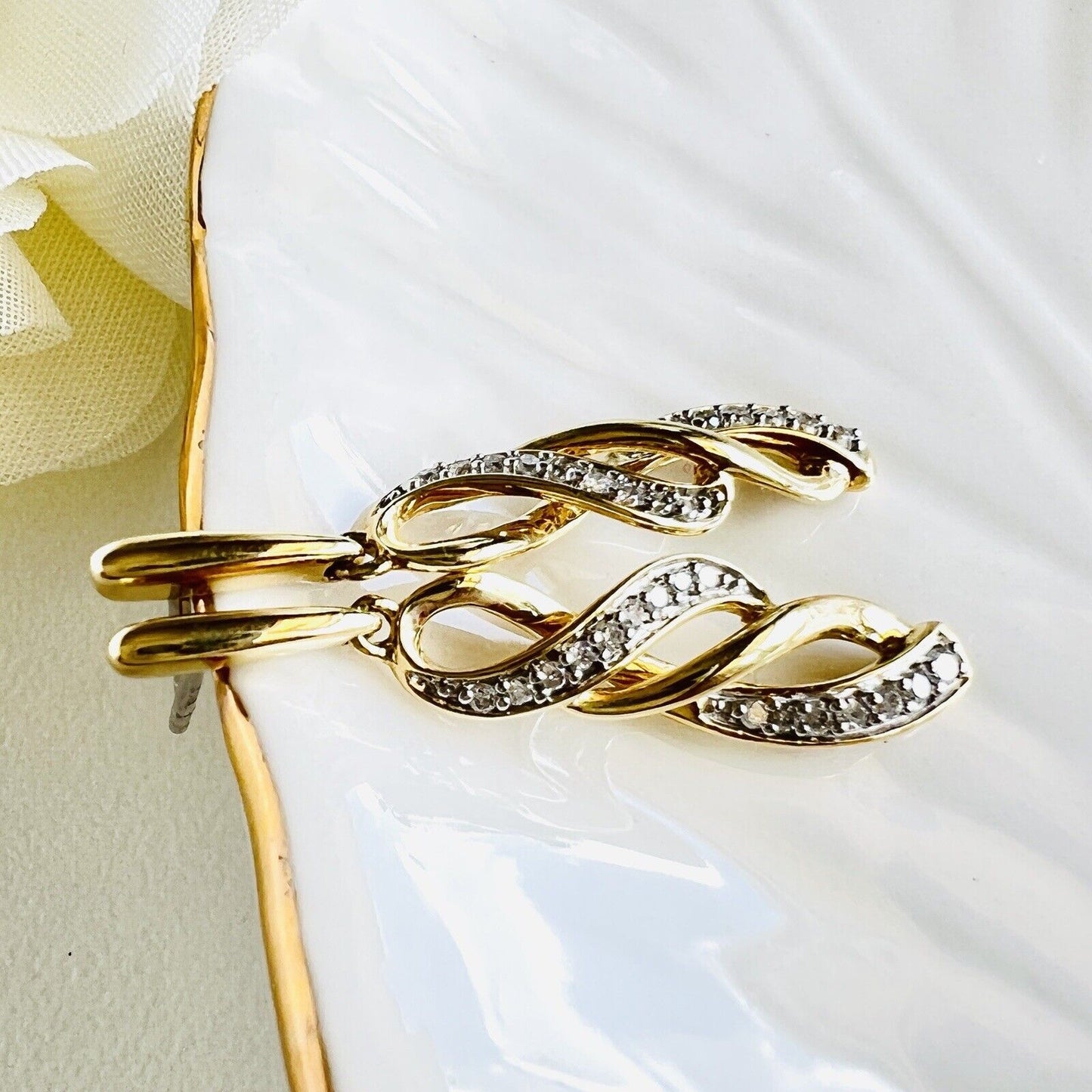Solid 10k Yellow Gold & Diamond Flat Spiral Dangle/Drop Earrings, New 1.20"