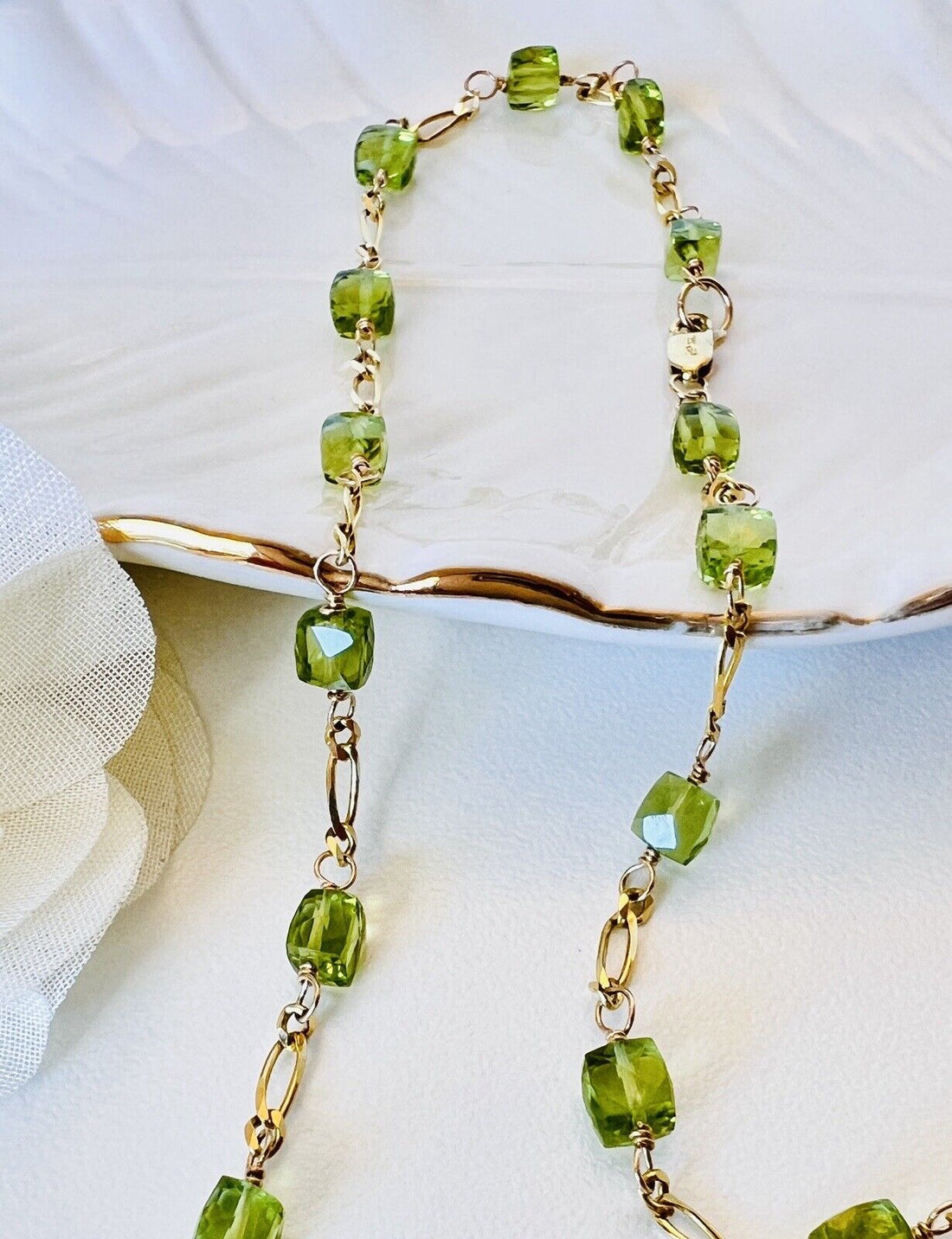 Solid 14k Yellow Gold Genuine Peridot Cube Station Chain Necklace, New 16.75”