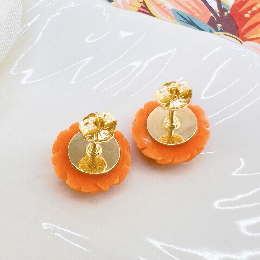 14k Gold Genuine Japanese Orange Coral Carved Rose Stud Earrings, New