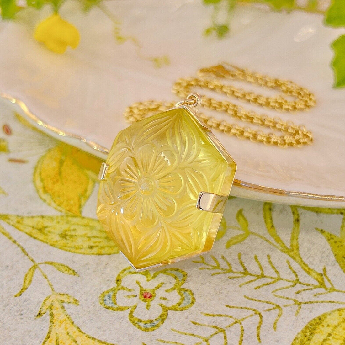 14k Yellow Gold Unique Hexagon Yellow Citrine Flower Carved Statement Pendant, N