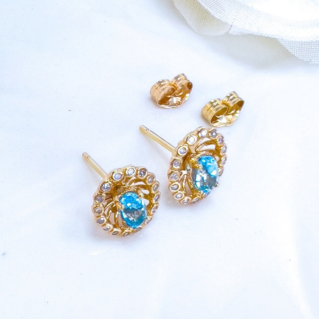 14k Yellow Gold Swiss Blue Topaz & Diamond Halo Oval Stud Earrings, New