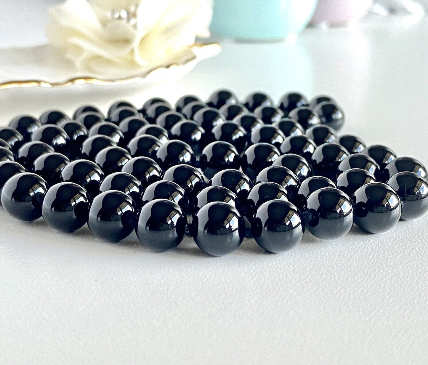 Genuine 10mm Black Onyx Knotted Endless Necklace, New, 32"