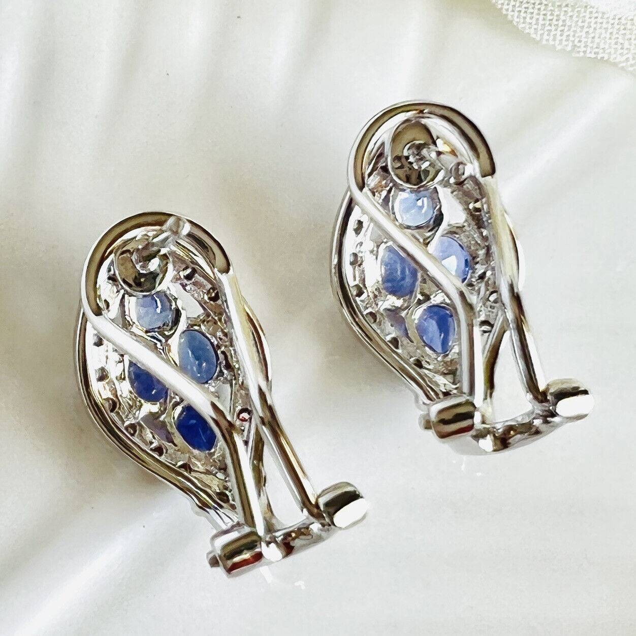 Solid 14k White Gold Genuine Tanzanite & Diamond Post/Omega Clip Earrings, New