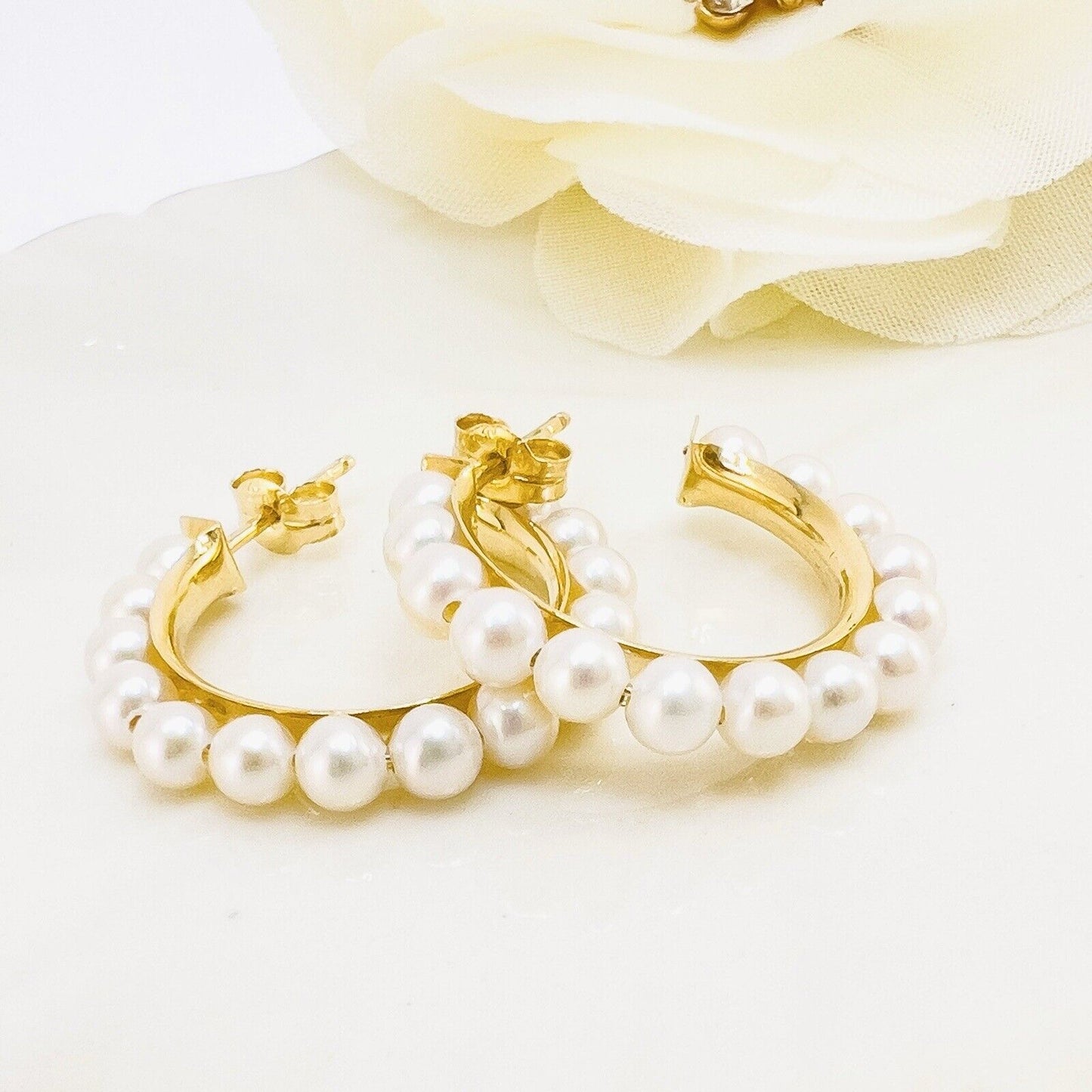 14k Yellow Gold Genuine Pearl Hoop Earrings, New, Small