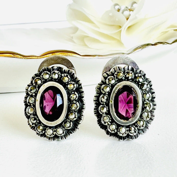 Vintage Sterling Silver Simulated Amethyst & Marcasite Omega Post Earrings, New