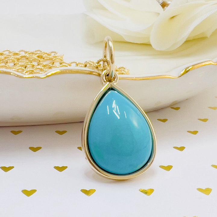 Natural Persian Turquoise 14k Yellow Gold Drop Pendant, Unisex, Handcrafted