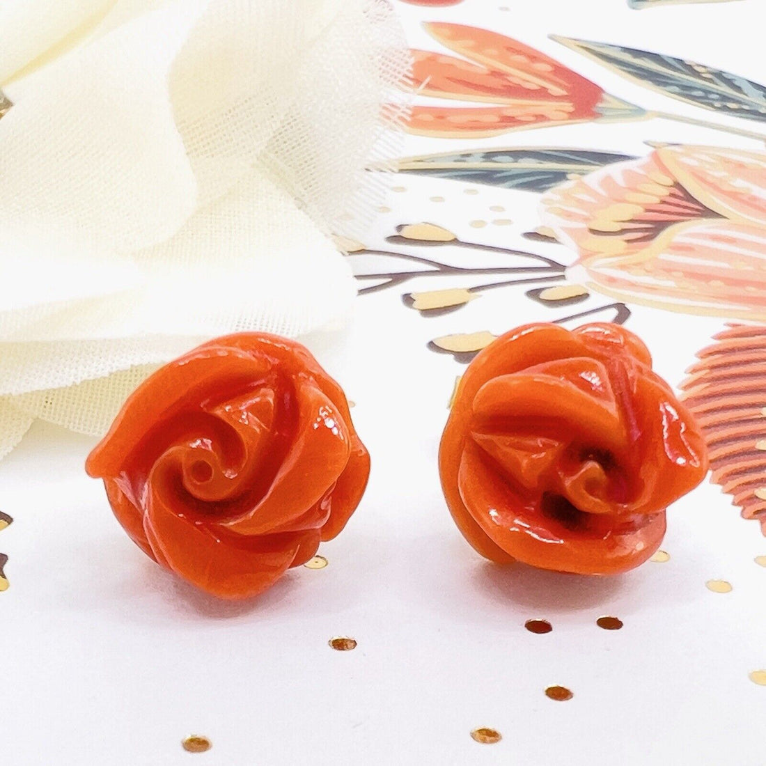 14k Yellow Gold Genuine Italian Red Coral Roses Stud Earrings, Newly Handcrafted