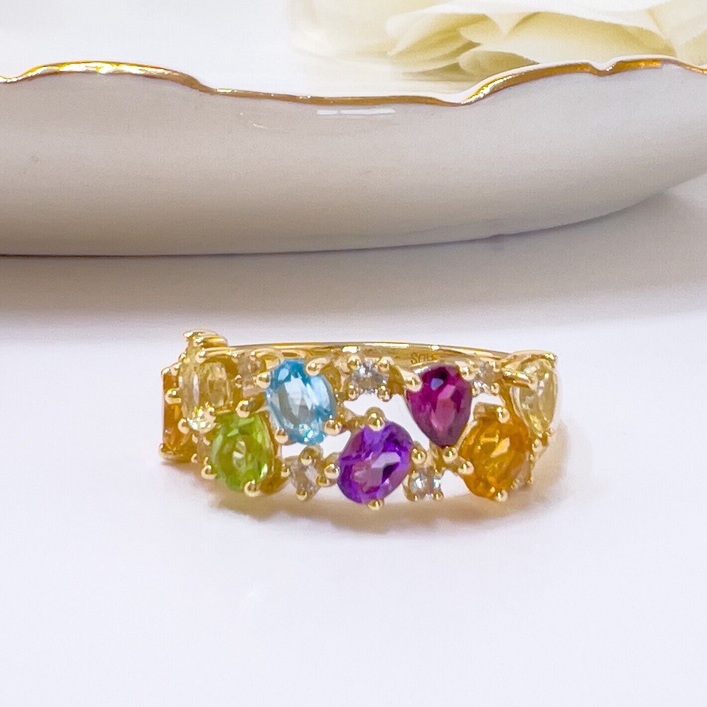 10k Yellow Gold Genuine Multi-Gemstone Ring, Size 7,
