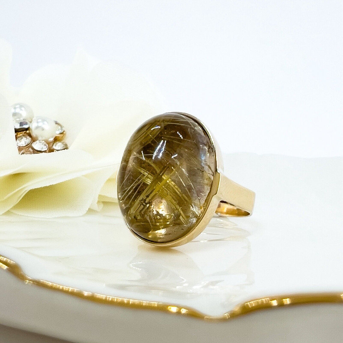 Solid 14k Yellow Gold Genuine Rutilated Quartz Ring, Size 7