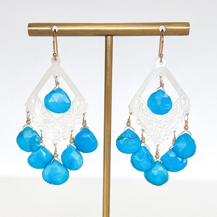 Solid 14k Yellow Gold Natural Turquoise & Mother of Pearl Chandelier Earrings