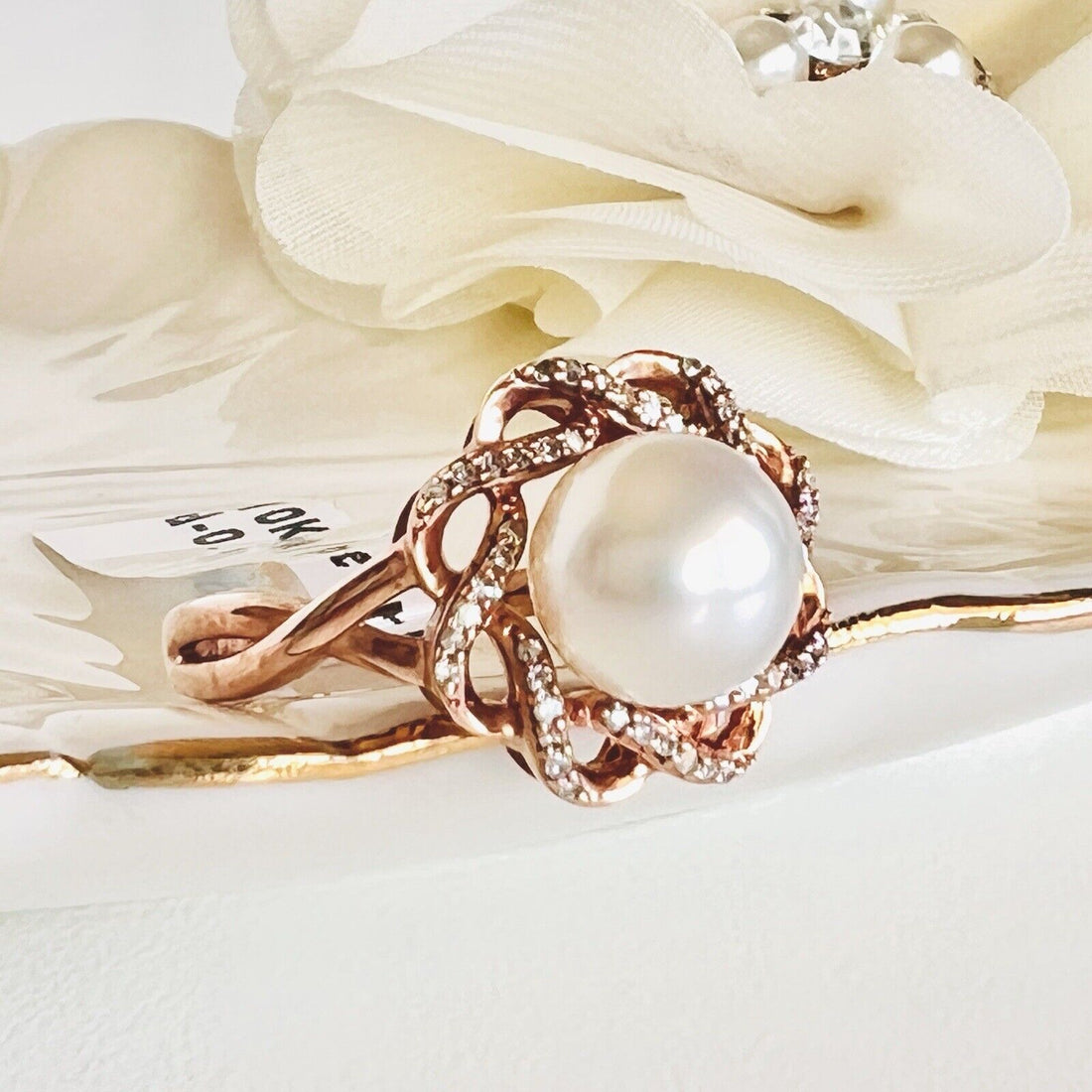 Solid 10k Rose Gold Genuine Pearl & Diamond Rosette Ring, New, Size 7