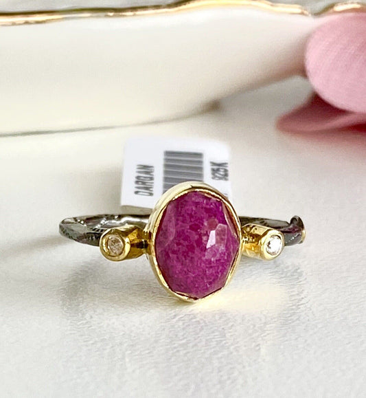 Antiqued Sterling Silver 22k Yellow Gold Ruby Ring Size 6.25