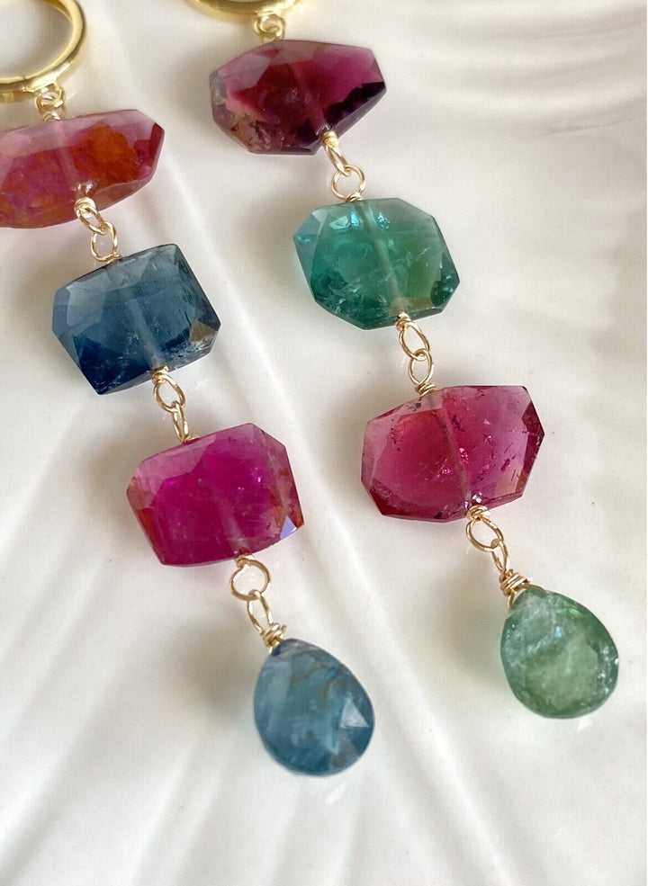 Genuine Tourmaline (21.5ct) & 14k Yellow Gold Dangle Huggie Earrings, New