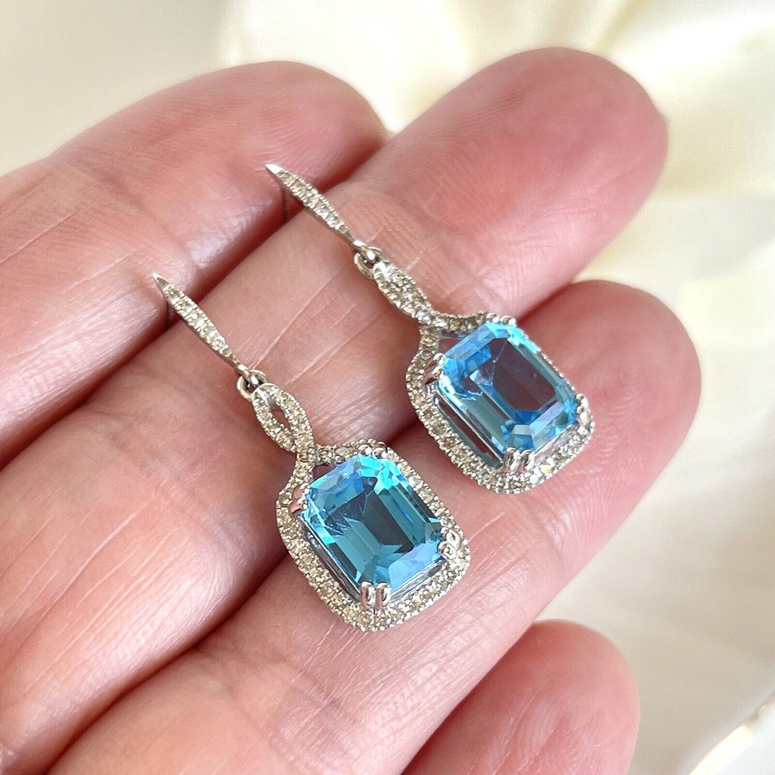 Gorgeous Swiss Blue Topaz (5.60ct) & Diamond (0.40ct) 14k Dangle Earrings, New