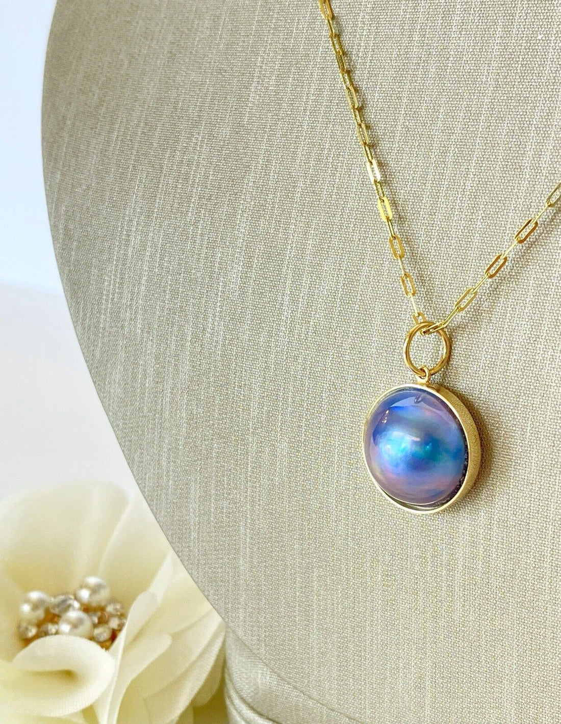 Genuine Peacock Blue Mabe Pearl (15mm) Solid 14K Yellow Gold Pendant, New