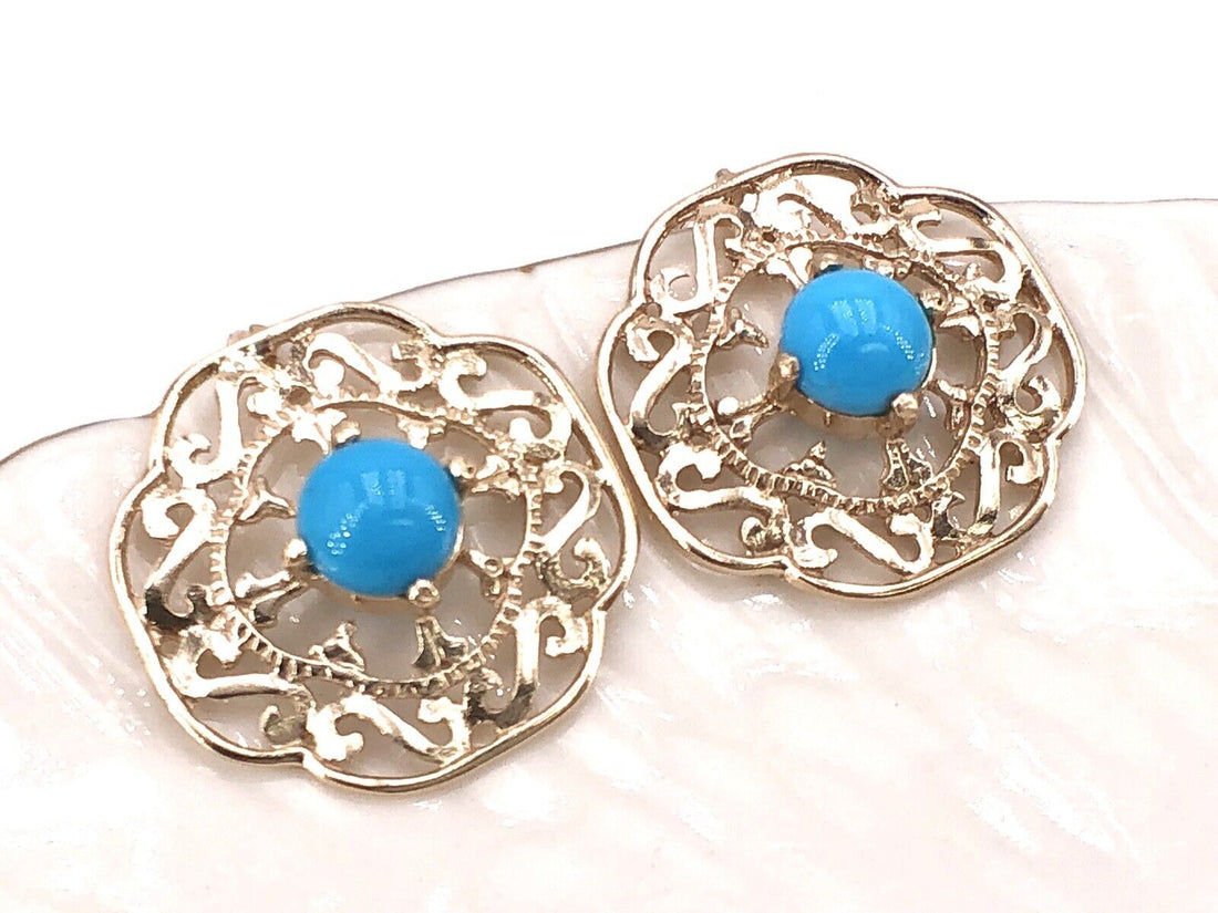 Solid 14k Yellow Gold & Sleeping Beauty Turquoise Filigree Hook Earrings, New