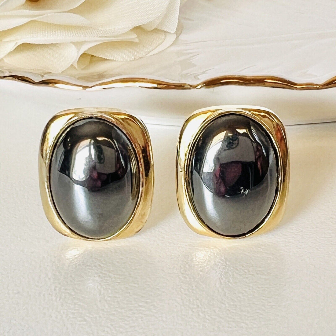 Sterling Vermeil Oval Hematite Omega-Back Earrings, New