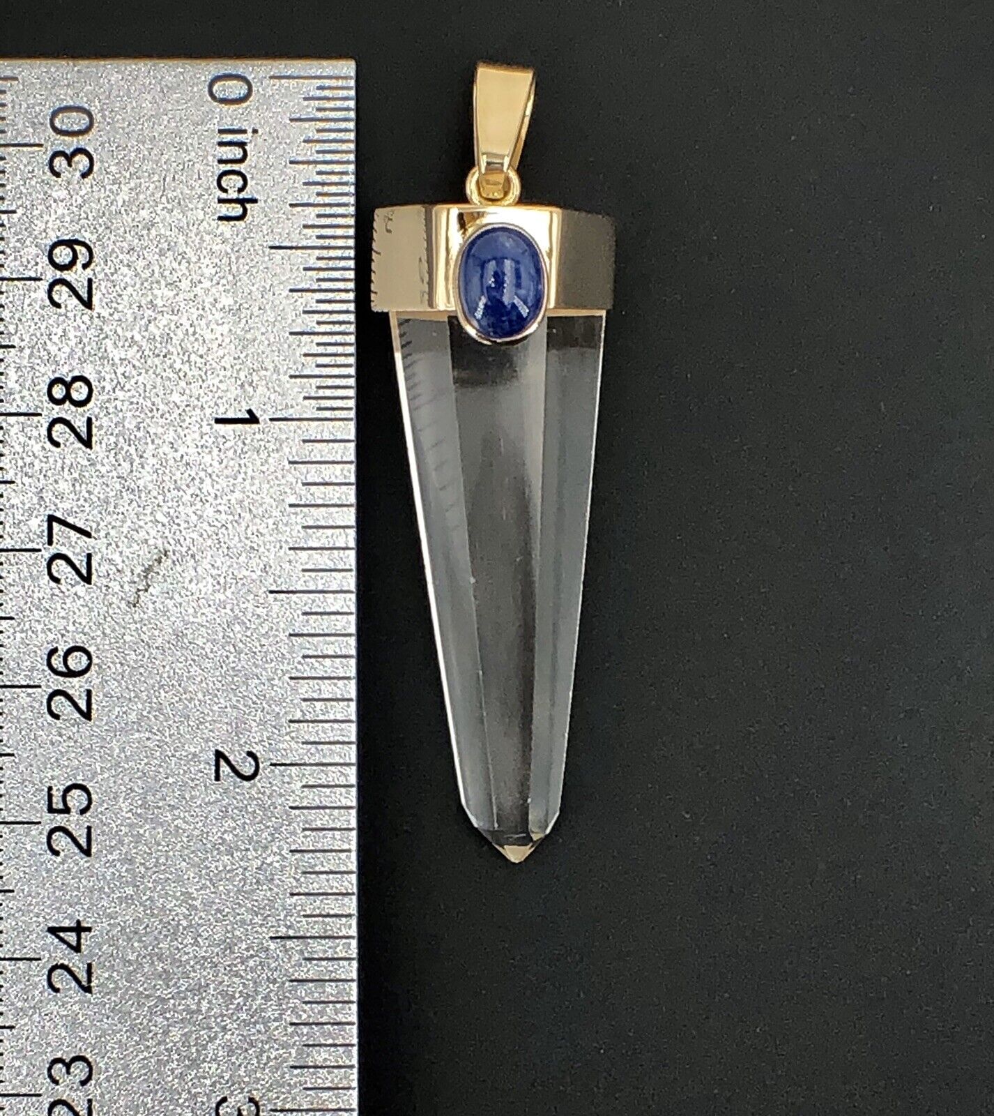 Unique 14k Gold Natural Quartz Point & Sapphire Pendant, 2.4", New
