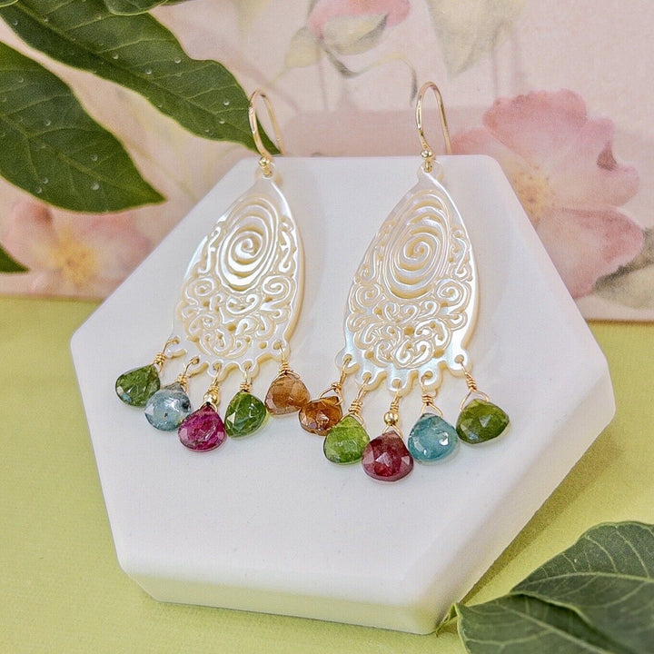 Solid 14k Yellow Gold Natural Tourmaline & Mother of Pearl Chandelier Earrings,