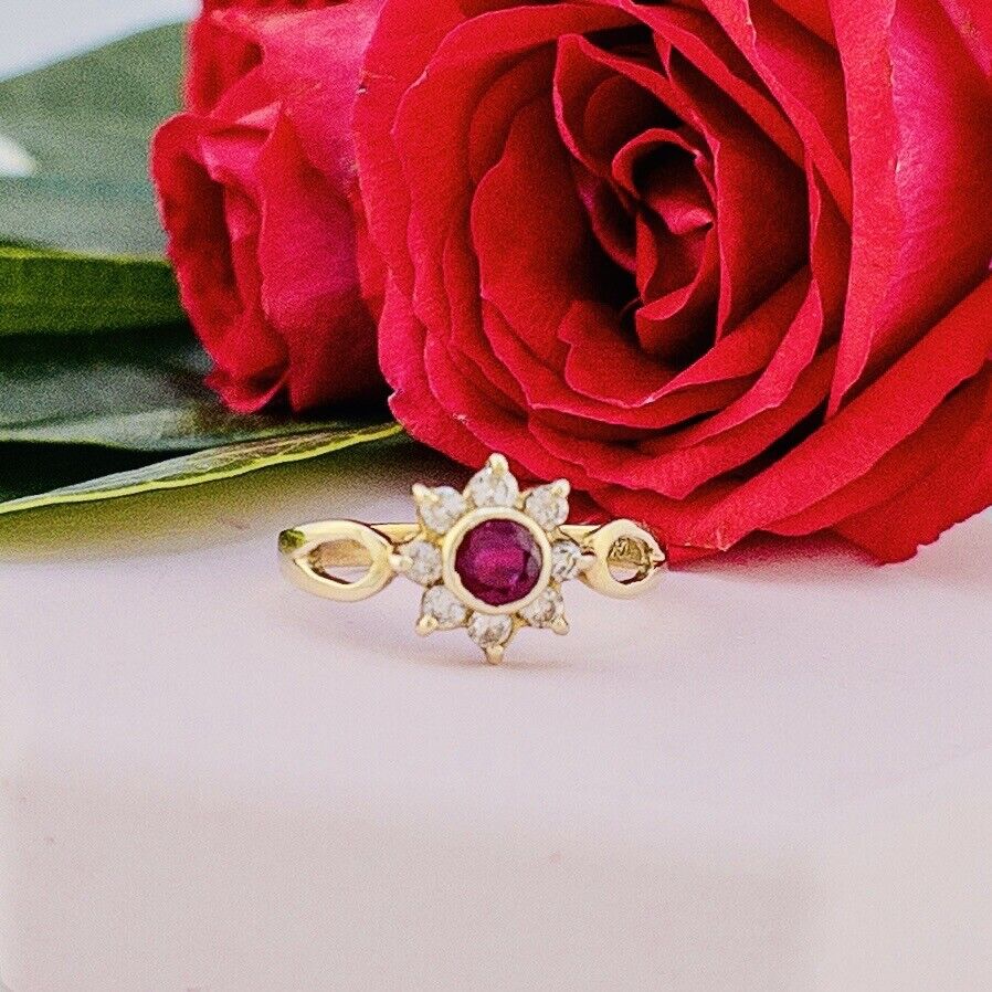 Solid 14k Yellow Gold Genuine Ruby & Diamond Rosette Ring, New Size 8