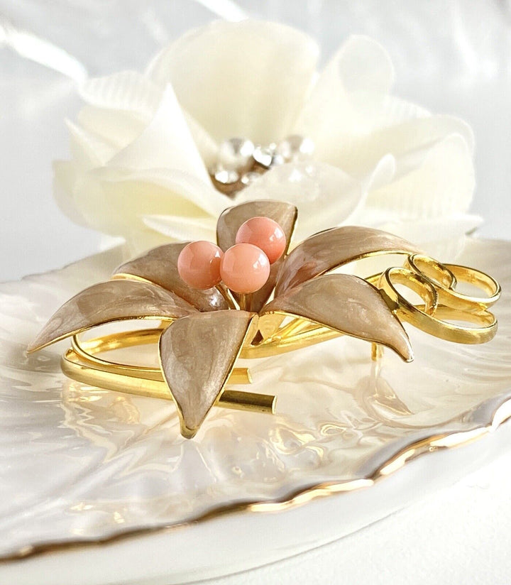 Heavy Gold Plated & Enameled Natural Coral Brooch/Pin, New Vintage Stock 6 Petal