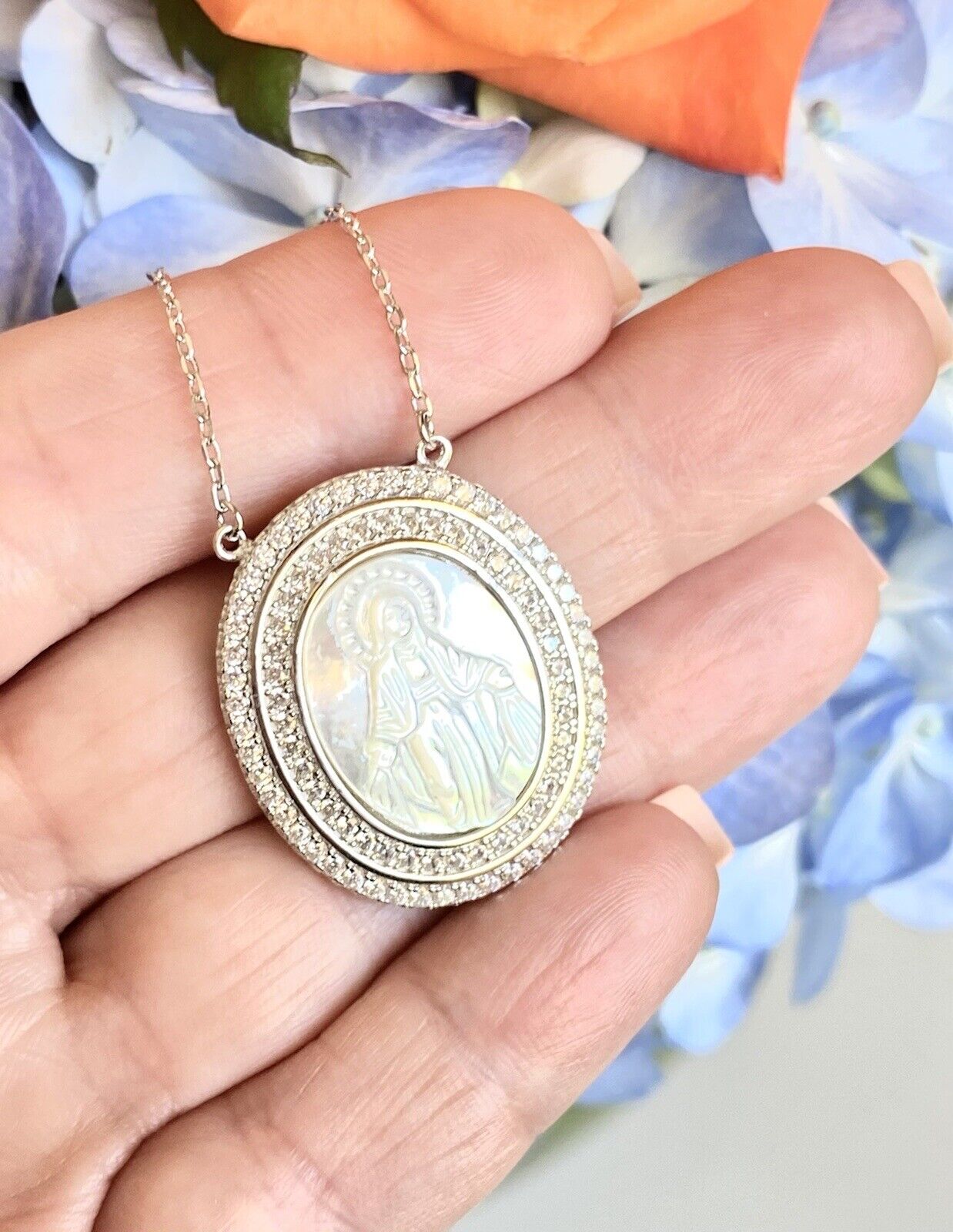 Sterling, MOP & CZ Miraculous Virgin Mary Pendant W/ Chain, 16-17", New