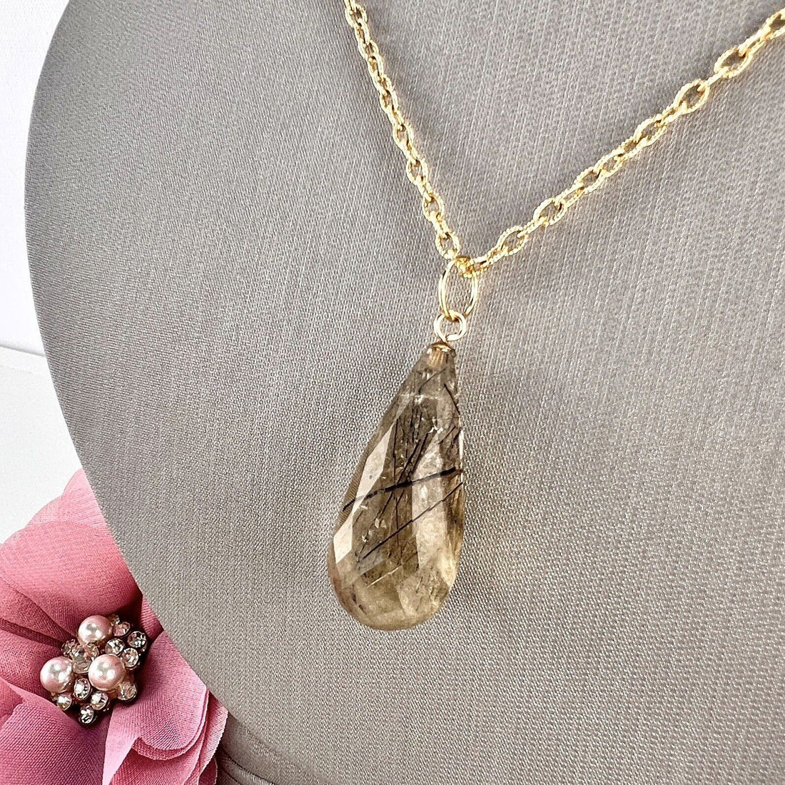 Solid 14k Yellow Gold Tourmalinated Smoky Quartz Briolette/Drop Pendant, New