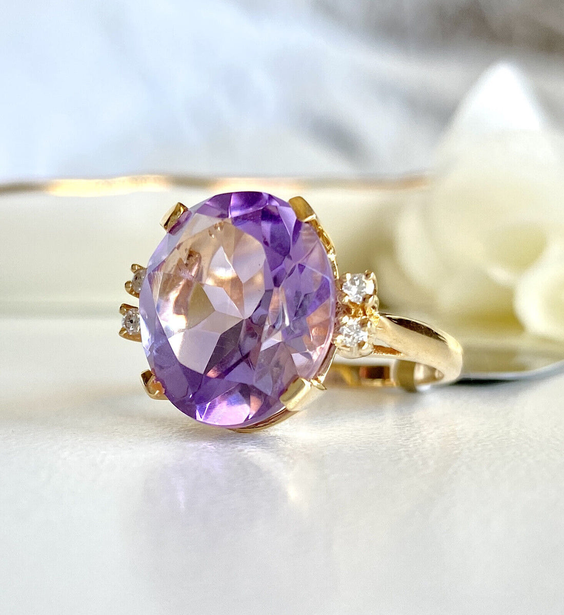 Genuine Amethyst (8.1ct) & Diamond Solid 14k Yellow Gold Ring, New, Size 6