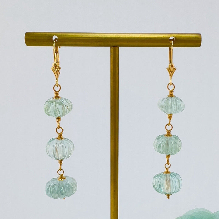 Genuine Aquamarine Fluted Rondelle 14k Yellow Gold Dangle/Drop Earrings, New