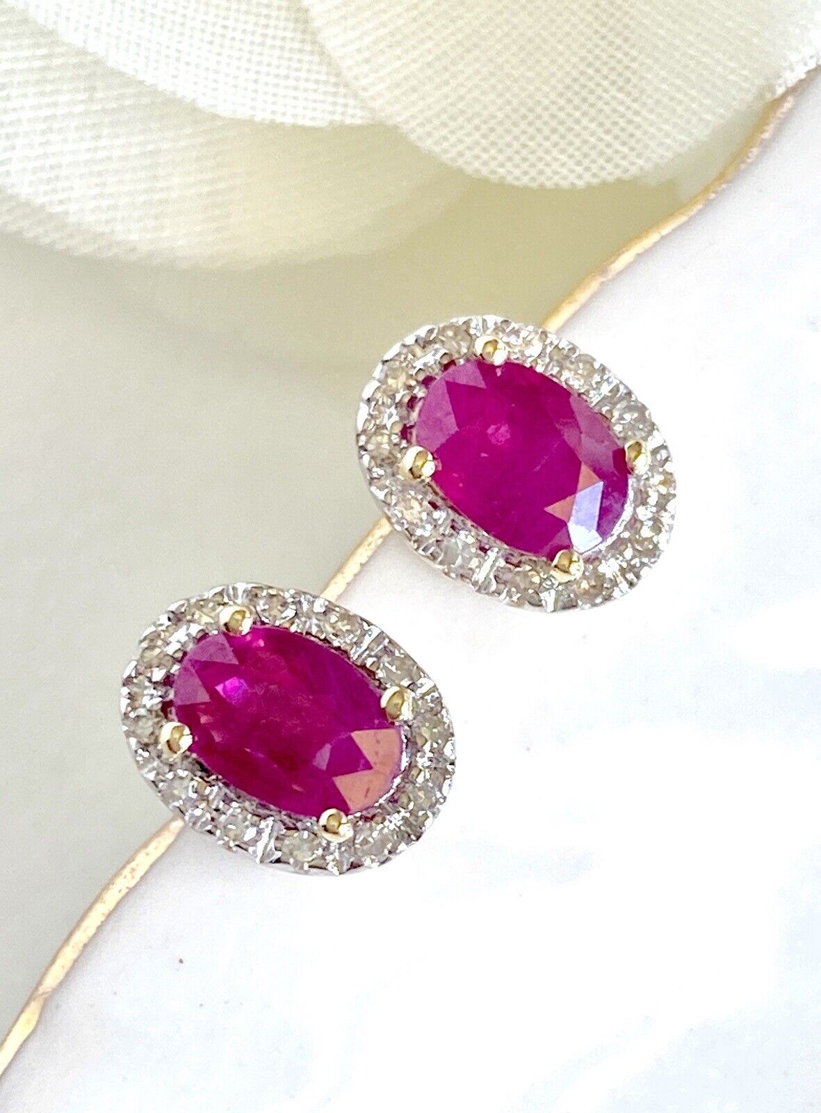 Genuine Ruby & Diamond Halo Solid 14k Yellow Gold Stud Earrings, New