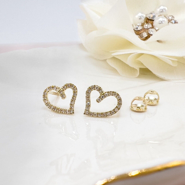 10k Yellow Gold Genuine Diamond Heart-Shaped Screw-Back Stud Earrings, New