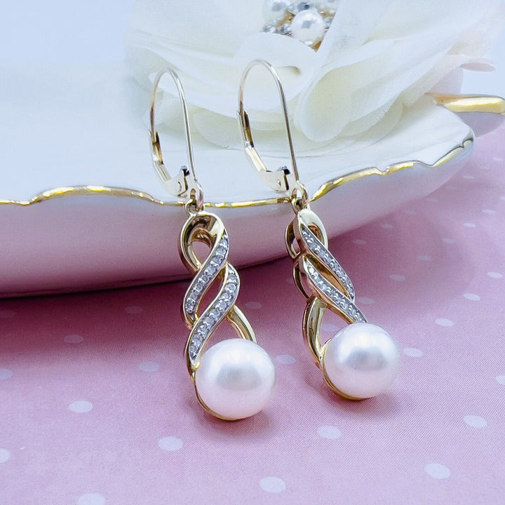 10k Yellow Gold Genuine Pearl & Diamond Dangle/Drop Earrings