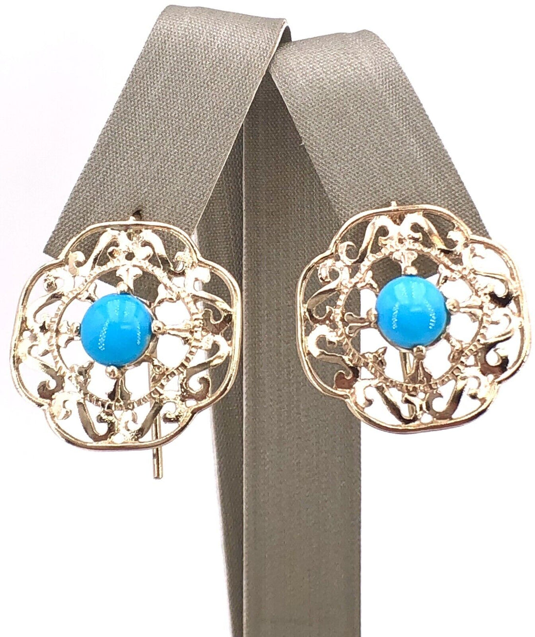 Solid 14k Yellow Gold & Sleeping Beauty Turquoise Filigree Hook Earrings, New