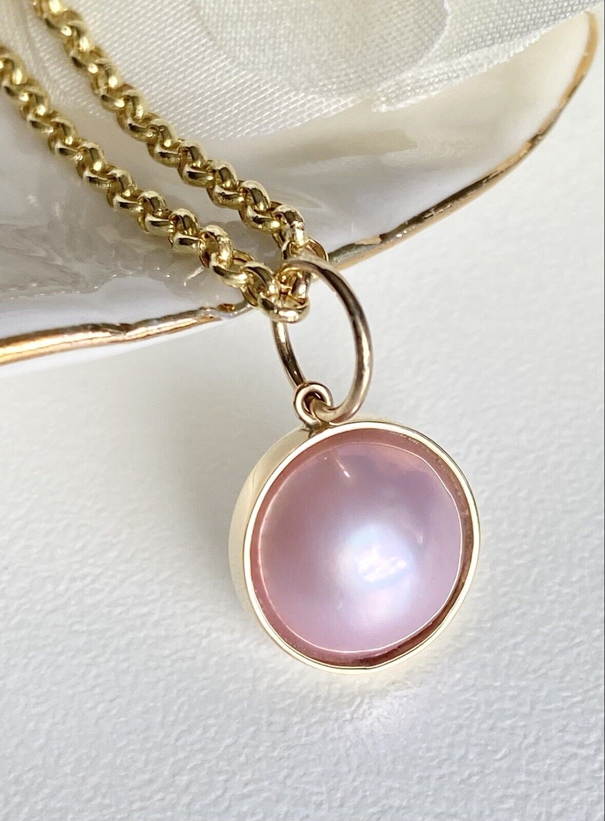 Genuine Pink Mabe Pearl (11mm) Solid 14K Yellow Gold Pendant, New