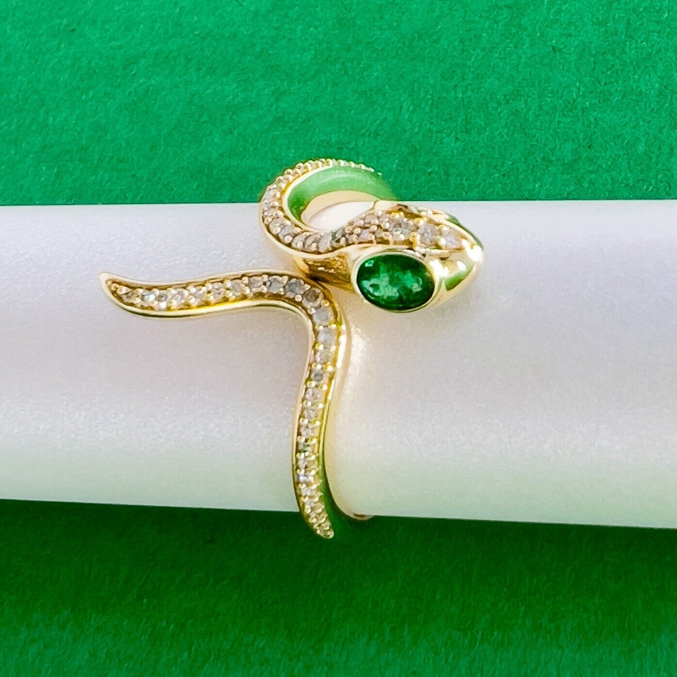 🐍Genuine Emerald & Diamond 14k Yellow Gold Snake Ring, New, Size7.5