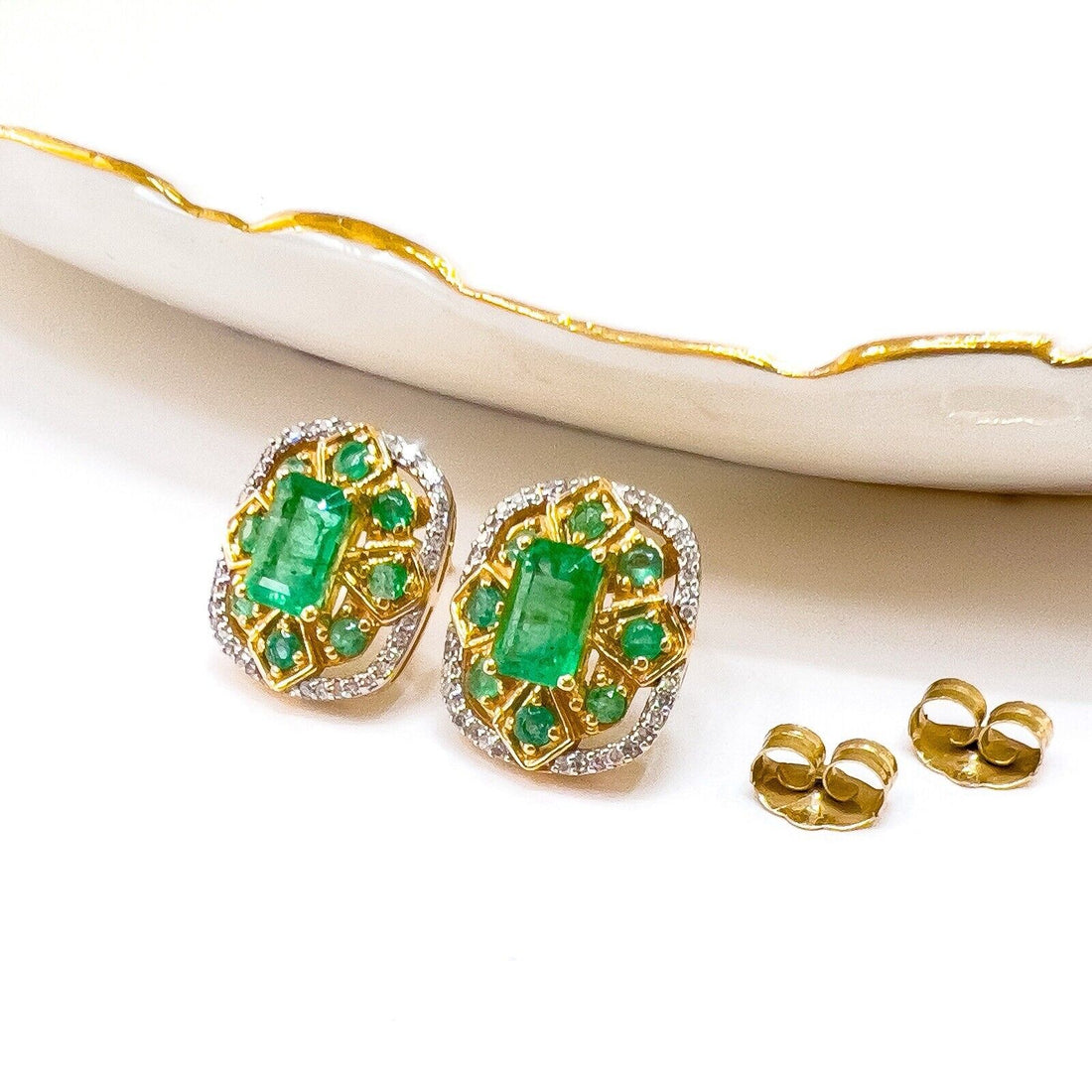 14k Yellow Gold Genuine Emerald & Diamond Stud Earrings, New