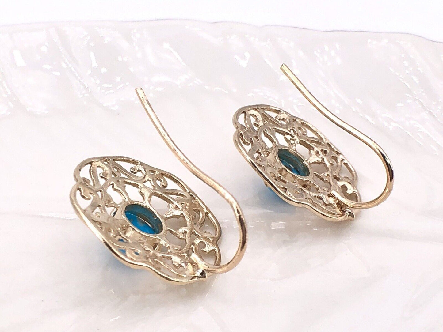 Solid 14k Yellow Gold & Sleeping Beauty Turquoise Filigree Hook Earrings, New