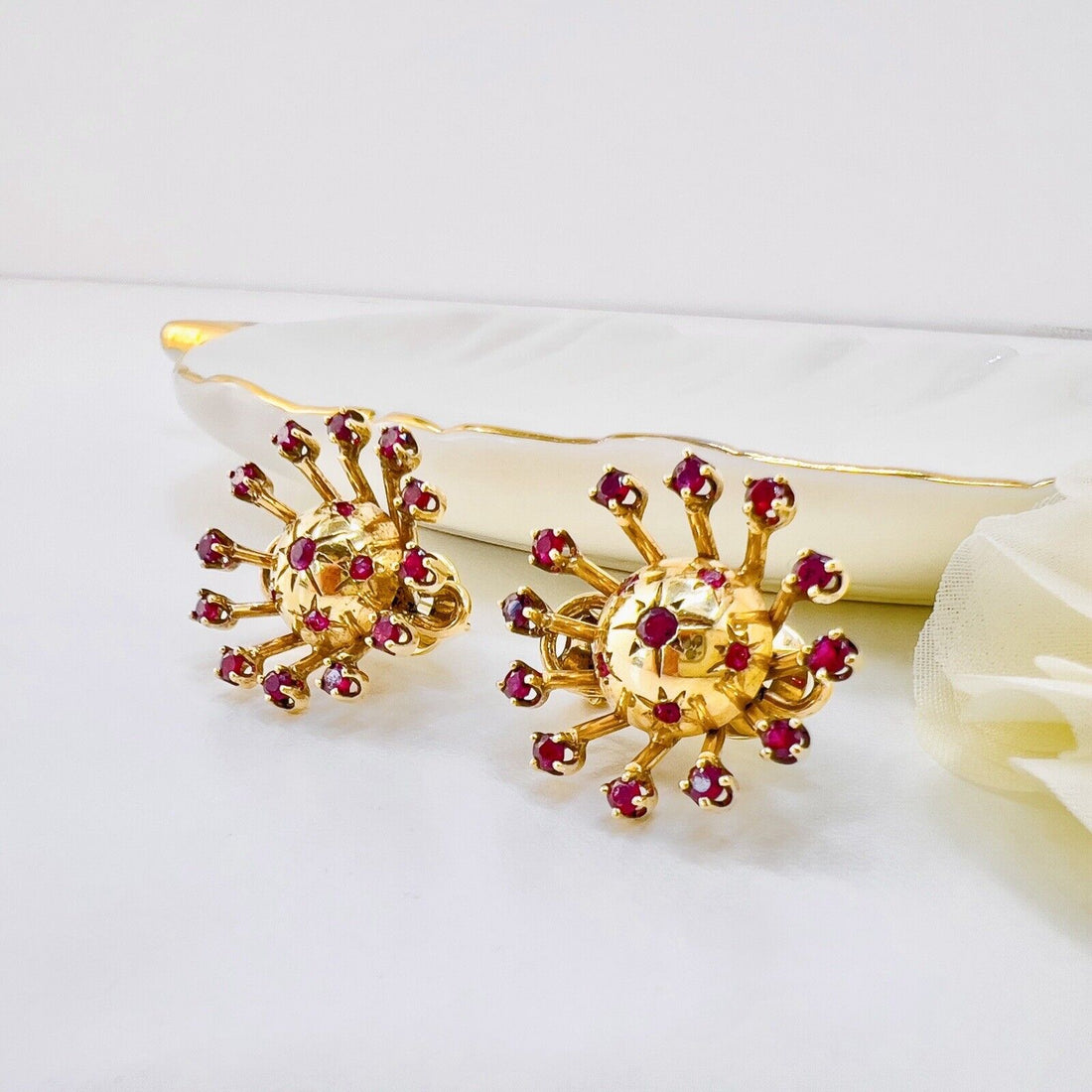 Vintage 14k Yellow Gold & Ruby "Starburst" Post & Clip Handcrafted Earrings